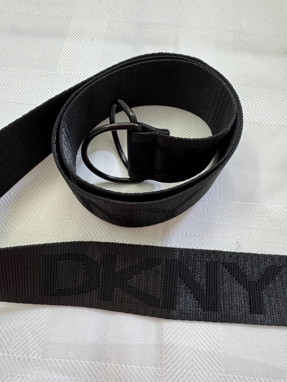 DKNY Black Webbing Belt with D-Ring Buckle. 46” Adjustable